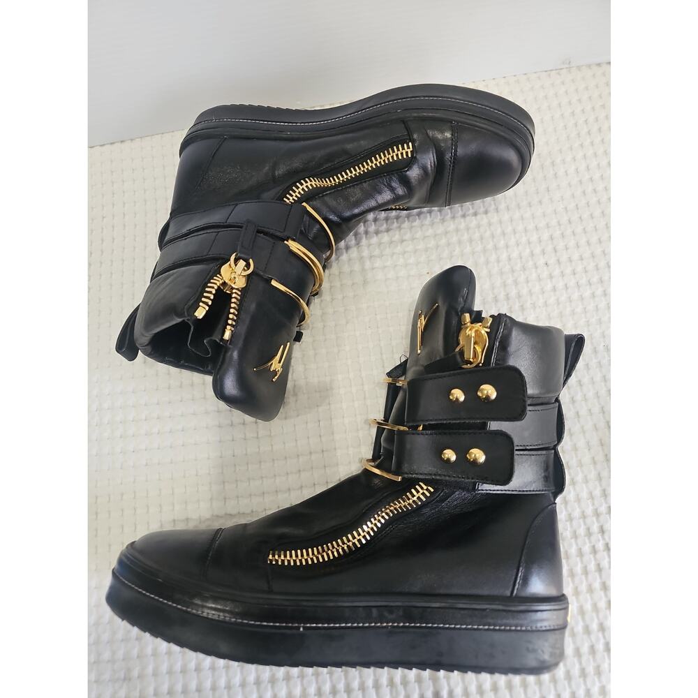 Giuseppe Zanotti Black Leather High Top Boot Sneakers Gold Zipper EU 43 - Picture 14 of 15